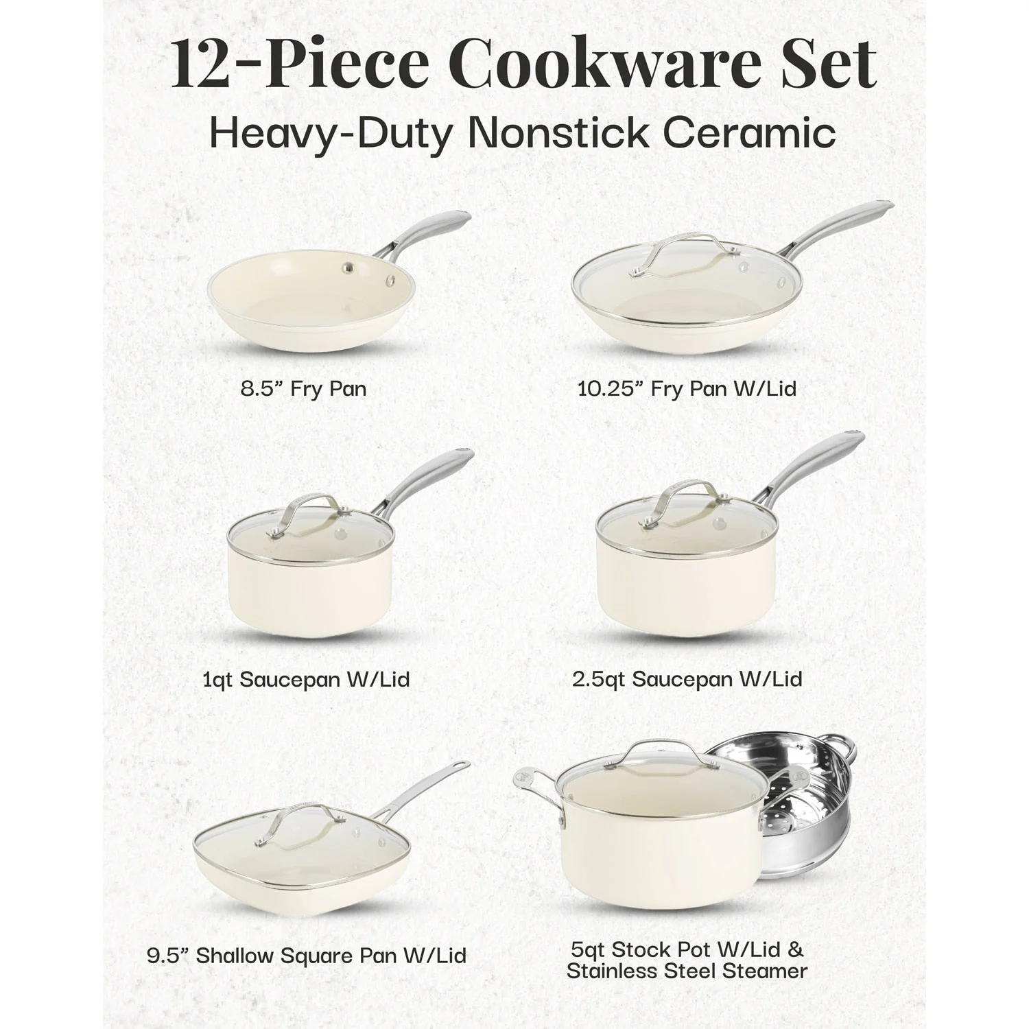 Gotham Steel Cream 12 Piece Pots and Pans Ultra Nonstick Ceramic Cookware Set with Stay Cool Handles