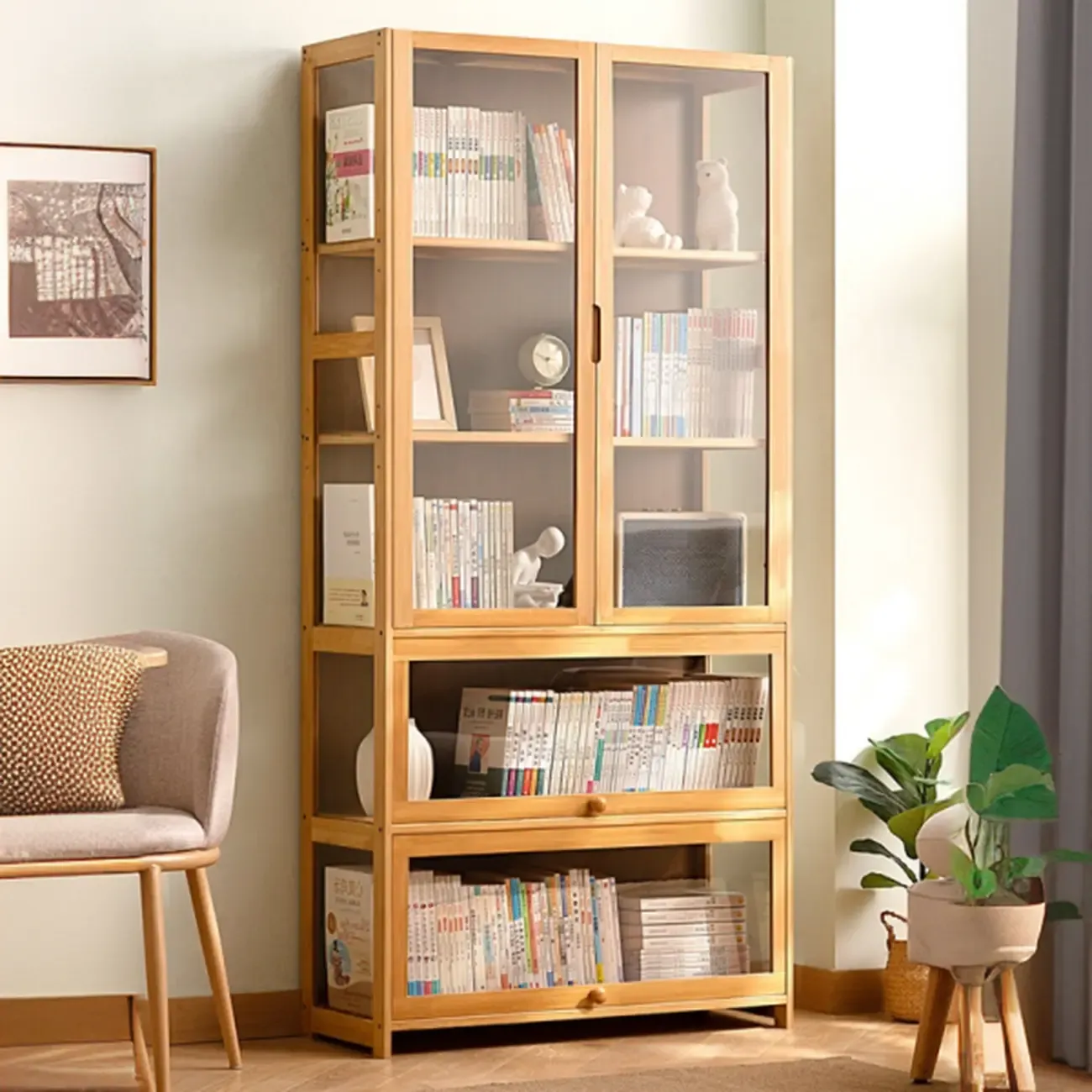 Standard Natural Wood Bookcase with Glass Doors