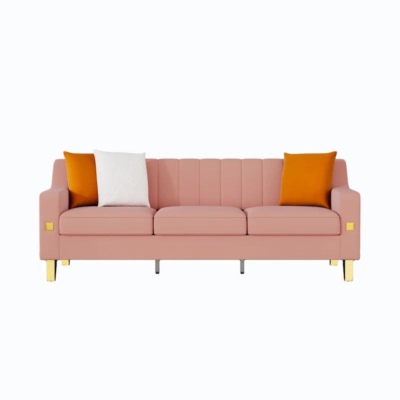Luxury pink Velvet Sofa with Gold Accents - Modern 3-Seat Couch with Plush Cushions