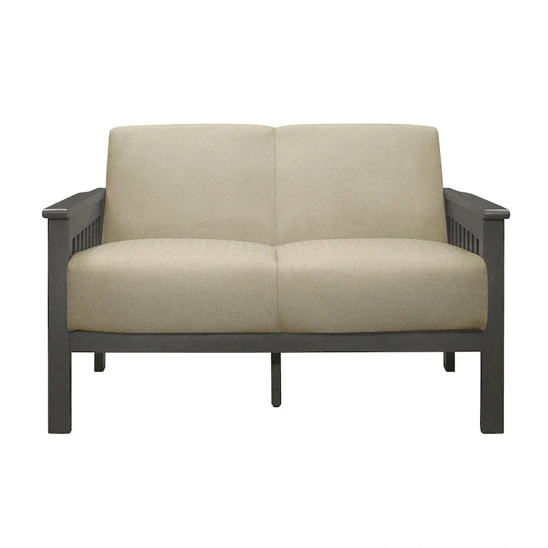 Wiston 50 Inch Loveseat, Beige Polyester, Dark Gray Solid Rubberwood