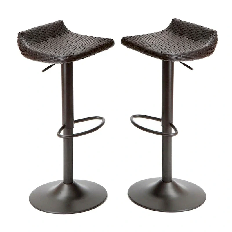 Max 34 Inch Outdoor Barstool, Black Resin Woven Wicker, Foldable, Set of 2