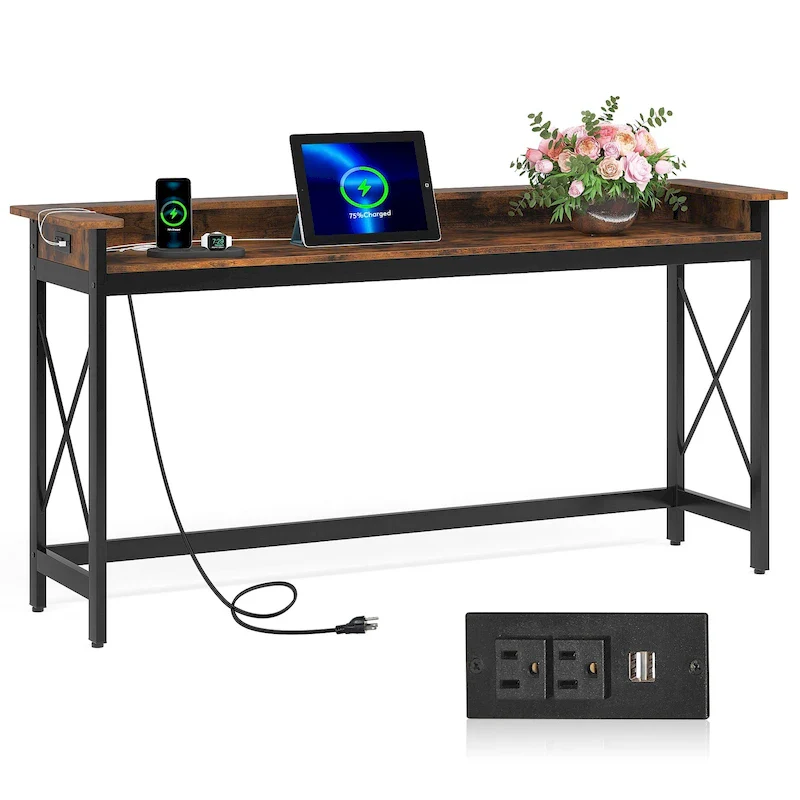 Industrial Narrow Console Table with Outlets & USB Ports – Brown / Grey