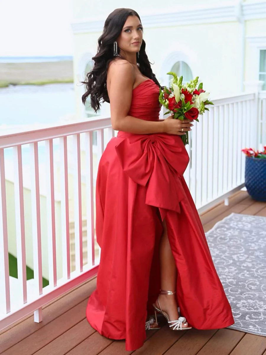 A-line Strapless Taffeta Long Prom Dress With Slit