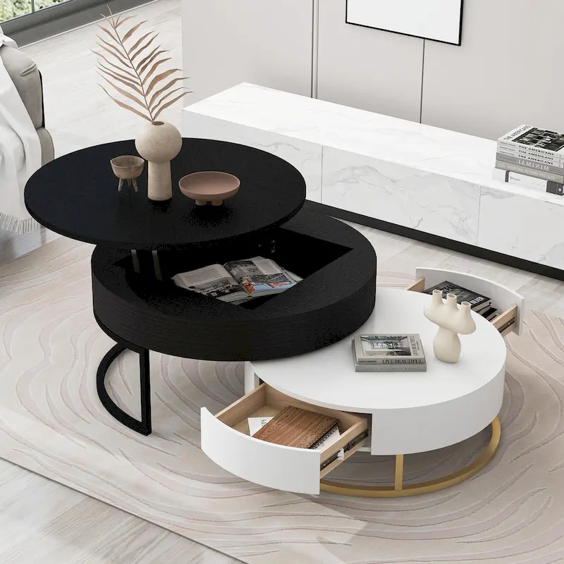 Modern Round Lift-top Nesting Coffee Tables with 2 Drawers
