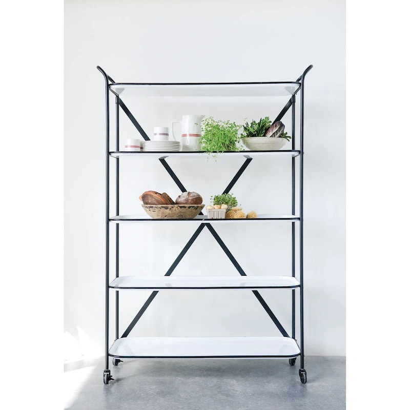 5-Tier 66 H Tray-Style Enameled Metal Shelving Unit with Locking Caster Wheels