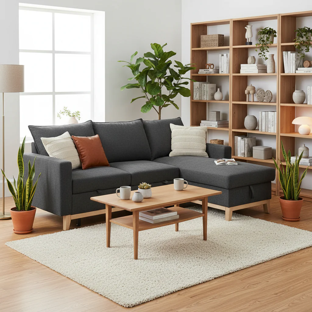 Dark Gray Woven Reversible Sleeper  Sofa with Storage Chaise