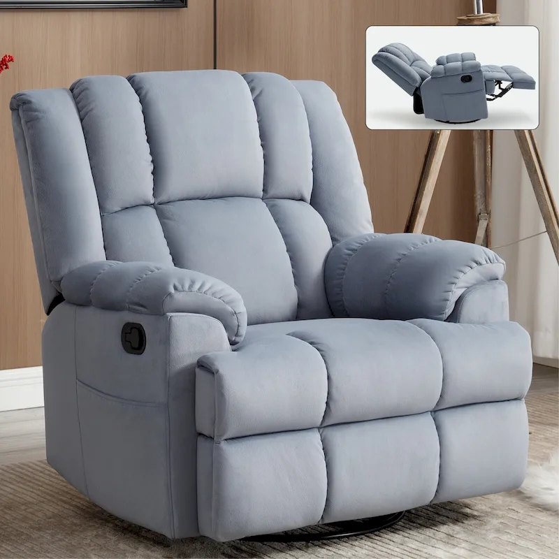 Blue Fabric Oversized Manual Recliner Chair with 360° Swivel and Rocking Base – 1 Person