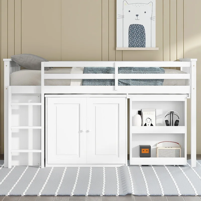 Twin Loft Bed with Pull-Out Desk, 2 Cabinets, 4 Drawers & Shelves