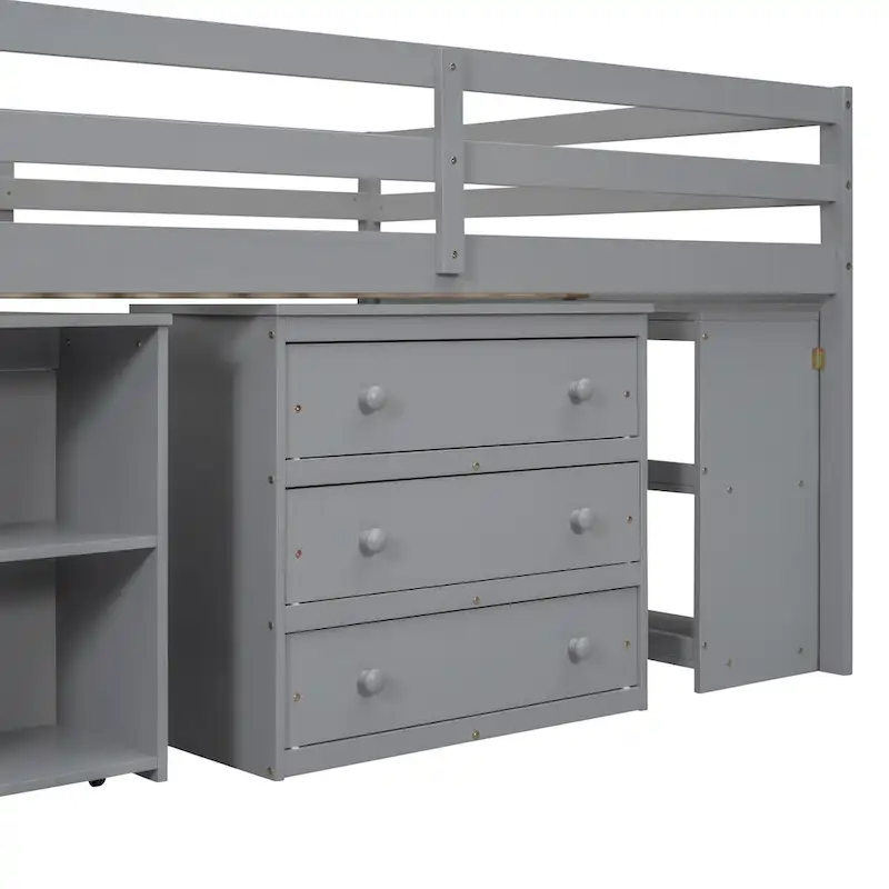 Gray Full Size Solid Wood Loft Bed with Retractable Desk, Storage Stairs, Storage Drawers, and Shelves