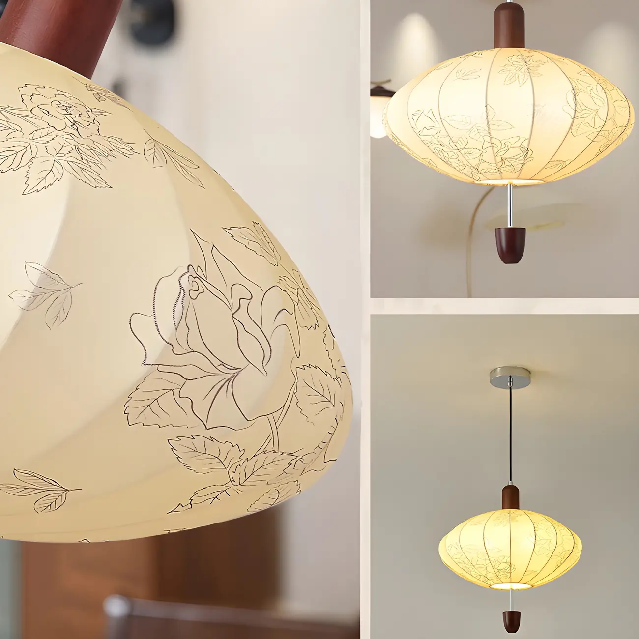 Elegant Flower Pattern Beige Fabric Geometric Chandelier