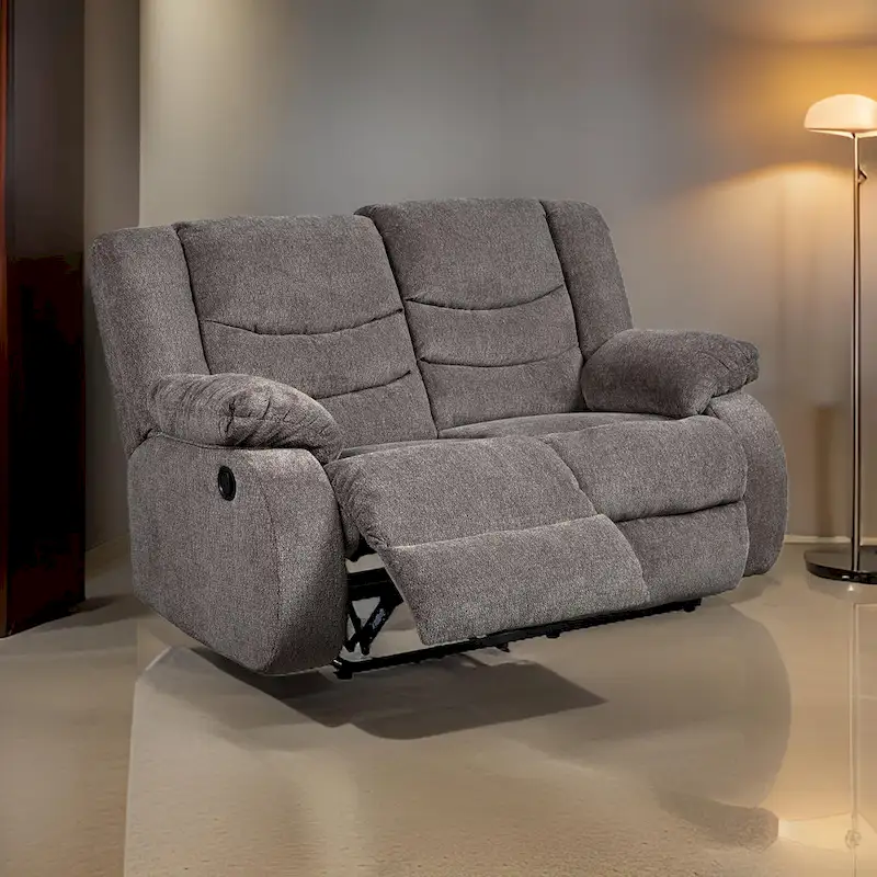 Tee 63 Inch Manual Recliner Loveseat, Cushioned, Gray Chenille Upholstery