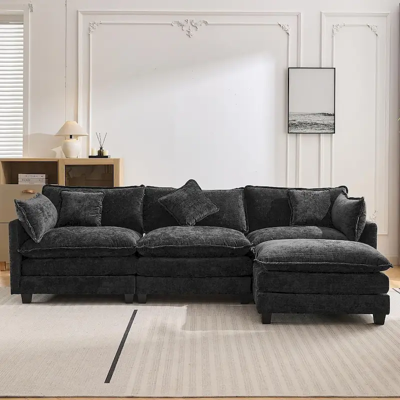 112 Modern L-Shape Chenille Upholstered Sofa with 5 Pillows