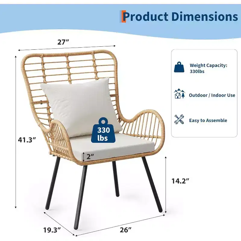 Two-piece rattan dining chair set, indoor/outdoor patio chair, all-weather lounge chair, with waterproof cushions, bohemian style, brown and beige.