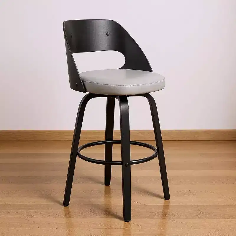 HomeRoots 26 Gray And Black Faux Leather And Iron Swivel Counter Height Bar Chair