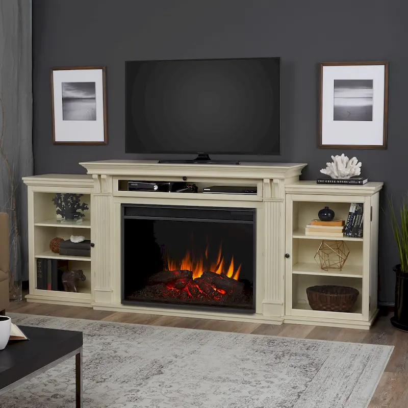 Tracey 84   TV Stand Electric Fireplace in Distressed White by Real Flame