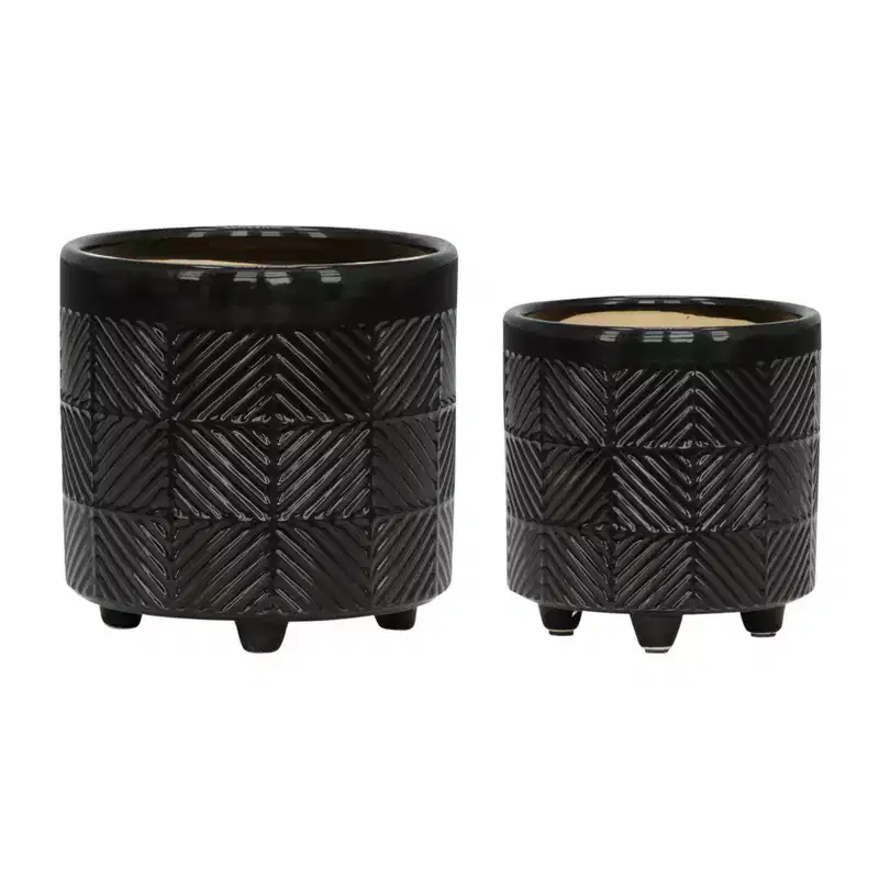 Set of 2 6x6x7 Black Textured Ceramic Planter on Wood Stand Indoor Outdoor Flower Pot Decor for Patio Balcony Porch Entryway Shelf Display