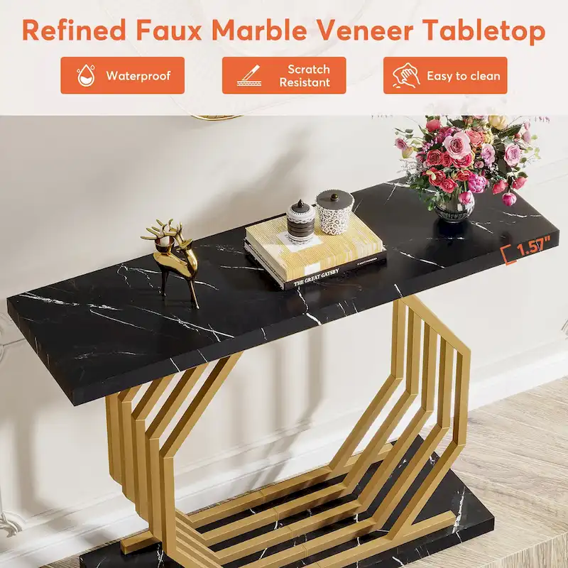 39.37 Gold Console Table, Modern White Marble Sofa Table with Geometric Metal Base