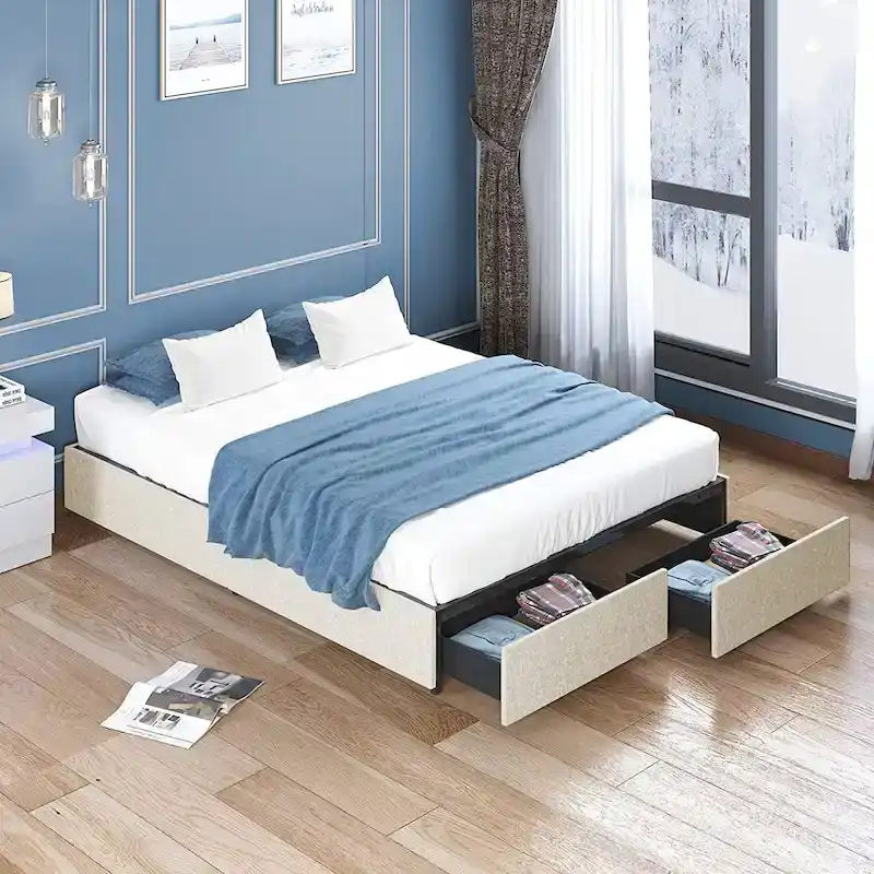 Platform Bed with Storage Drawers, Linen Fabric, Wood Slats, Modern Style, Beige / Light Grey / Dark Grey, Full / Queen / King, 2 People