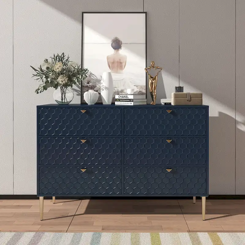 Dresser - 6 Drawers - Gold Legs with Honeycomb Pattern