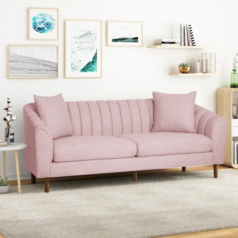 Channel-Tufted Sofa with Sloped Arms & Walnut Legs – Blush / Beige / Cloud Gray / Charcoal / Navy Blue, Mid-Century Modern, Seats 3