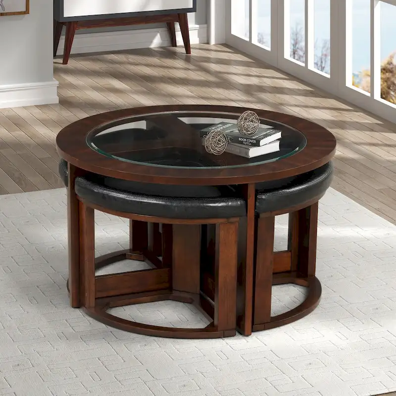 Solid Wood Glass Top Round Table Set, Coffee Table with 4 Stools