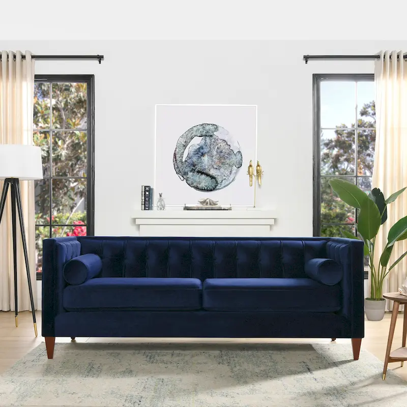 84-Inch Modern Button-Tufted Tuxedo Sofa with Tapered Wood Legs & Bolster Pillows