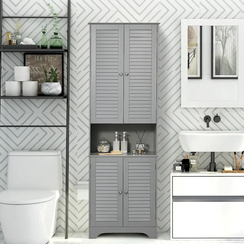 Tall Narrow Bathroom Storage Cabinet with Doors and Shelf