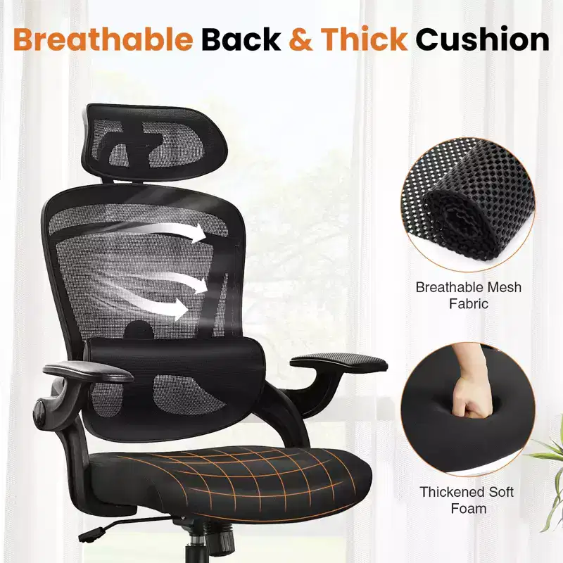 Bestier Office Chair with Adjustable Lumbar Support & Headrest, Comfy Mesh Computer Chair with Soft Flip Up Arms, Adjustable Height Gaming Chair