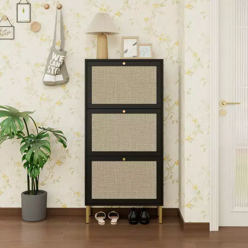 MAYEERTY Rattan Shoe Cabinets with 3 Doors Freestanding Modern Shoe Storage Shoe Racl for Entryway Black