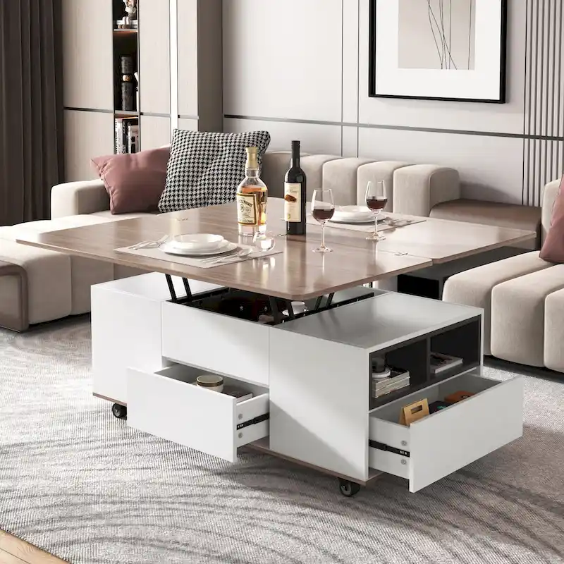 Modern Walnut & White Lift Top Coffee Table Multifunctional Table with Drawers & Shelves