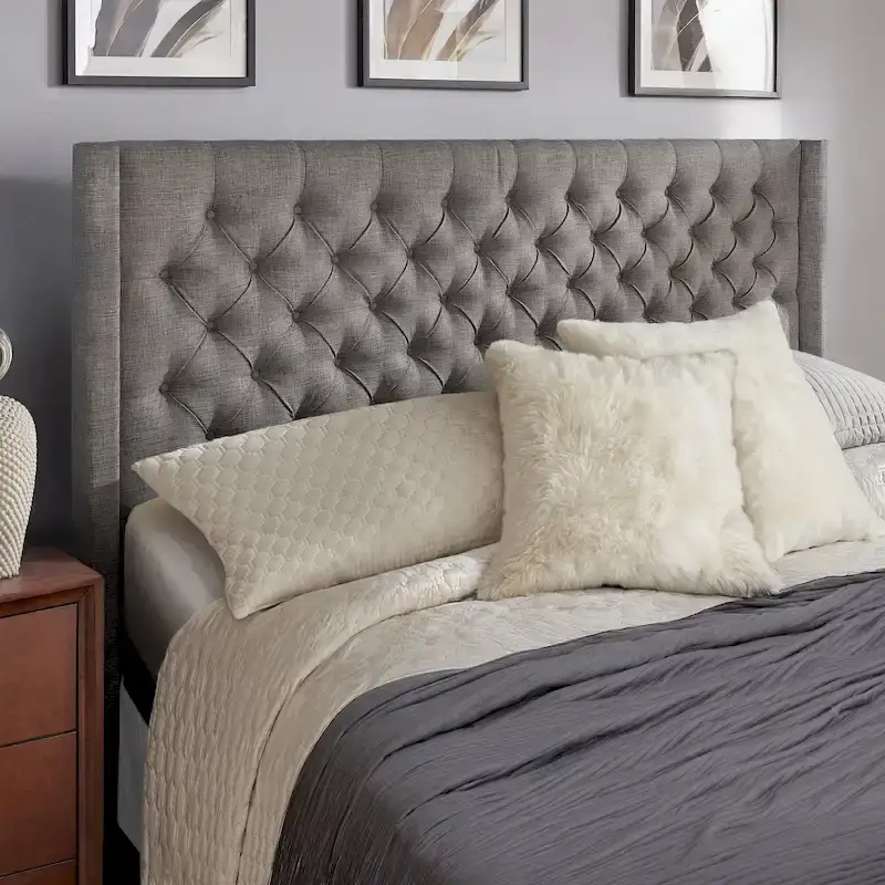 Detmold King Wingback Button Tufted Linen Fabric Headboard
