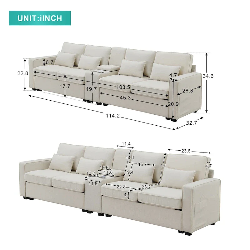 Modern Linen Fabric Upholstered Sofa with Console, 4Pillows,Cupholders,USB