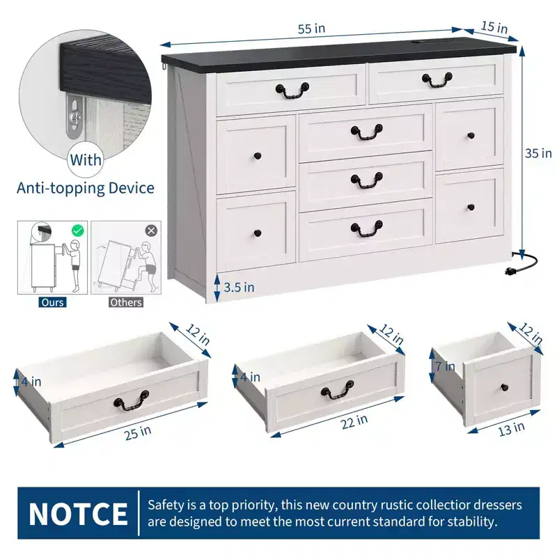 Farmhouse Dresser for Bedroom 9 Drawer Dresser with Charging Station, 55 Wood Chest of Drawers with Rustic Handles, Storage Dressers Organizer