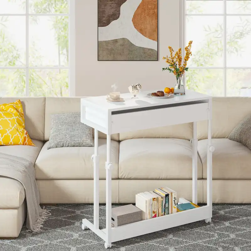 Height-Adjustable Side Table with Drawers and Wheels