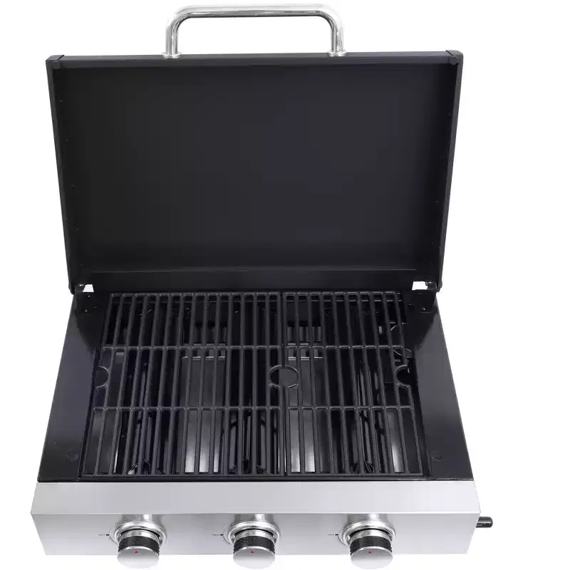 Okak Stainless Steel Propane Grill with 3 Burners, Portable Grill with Adujustable Bottons, Outdoor Grill for BBQ, Camping, Black+Silver