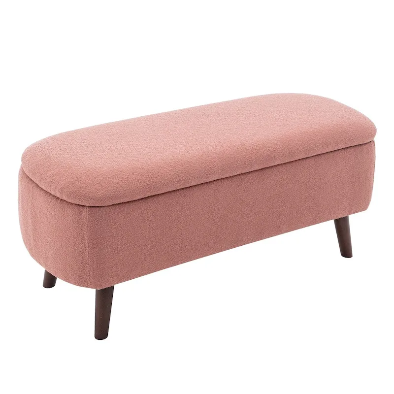 Boucle Fabric Storage Bench with Rubberwood Legs — Flip-Up Lid, 265 lbs Capacity