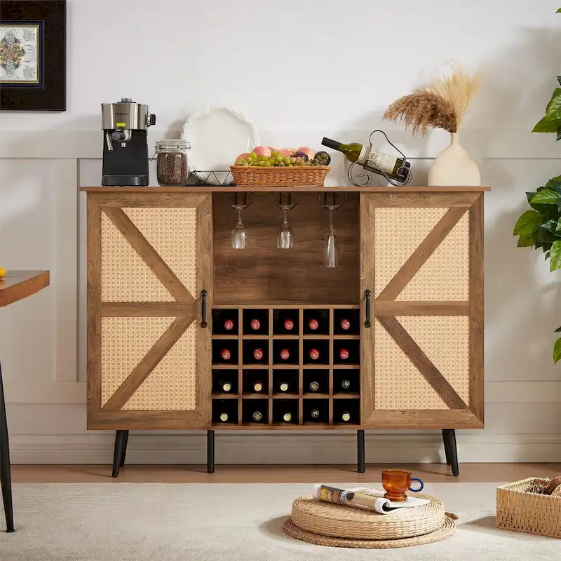 Rustic Wood Storage Cabinet with Wine Rack and Wine Glass Rack