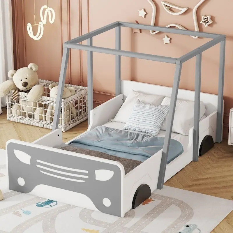Black / Grey Twin Car-Shaped Wooden Bed with Roof, Wheels & Door – 1-Person