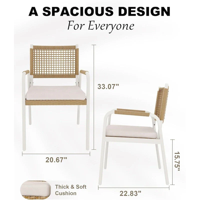 Brown/White Wicker Patio Dining Chairs with Cushions, Set of 2