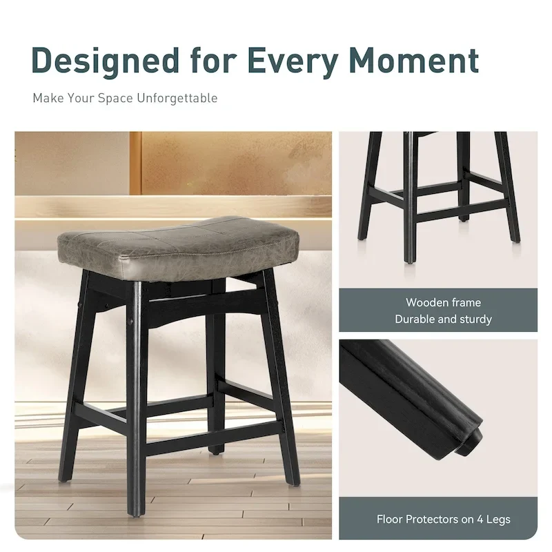 24 Inch Solid Wood Barstools with Linen / PU Leather Fabric Cushion, Set of 2