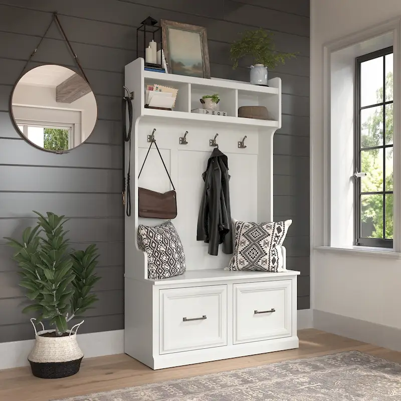 White Ash / Ash Brown / Gray / Black / Maple, Transitional Style, Hall Tree & Shoe Bench with Doors, 1-Person