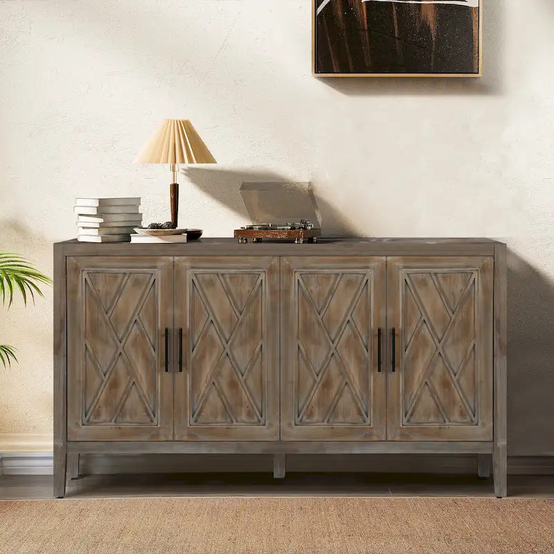 Antique Brown / Black / Coffee 4-Door Storage Cabinet, Farmhouse Style, Adjustable Shelf