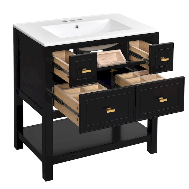 30 Bathroom Vanity with Ceramic Sink Combo, Free Standing Single Vanity Set with 5 Drawers
