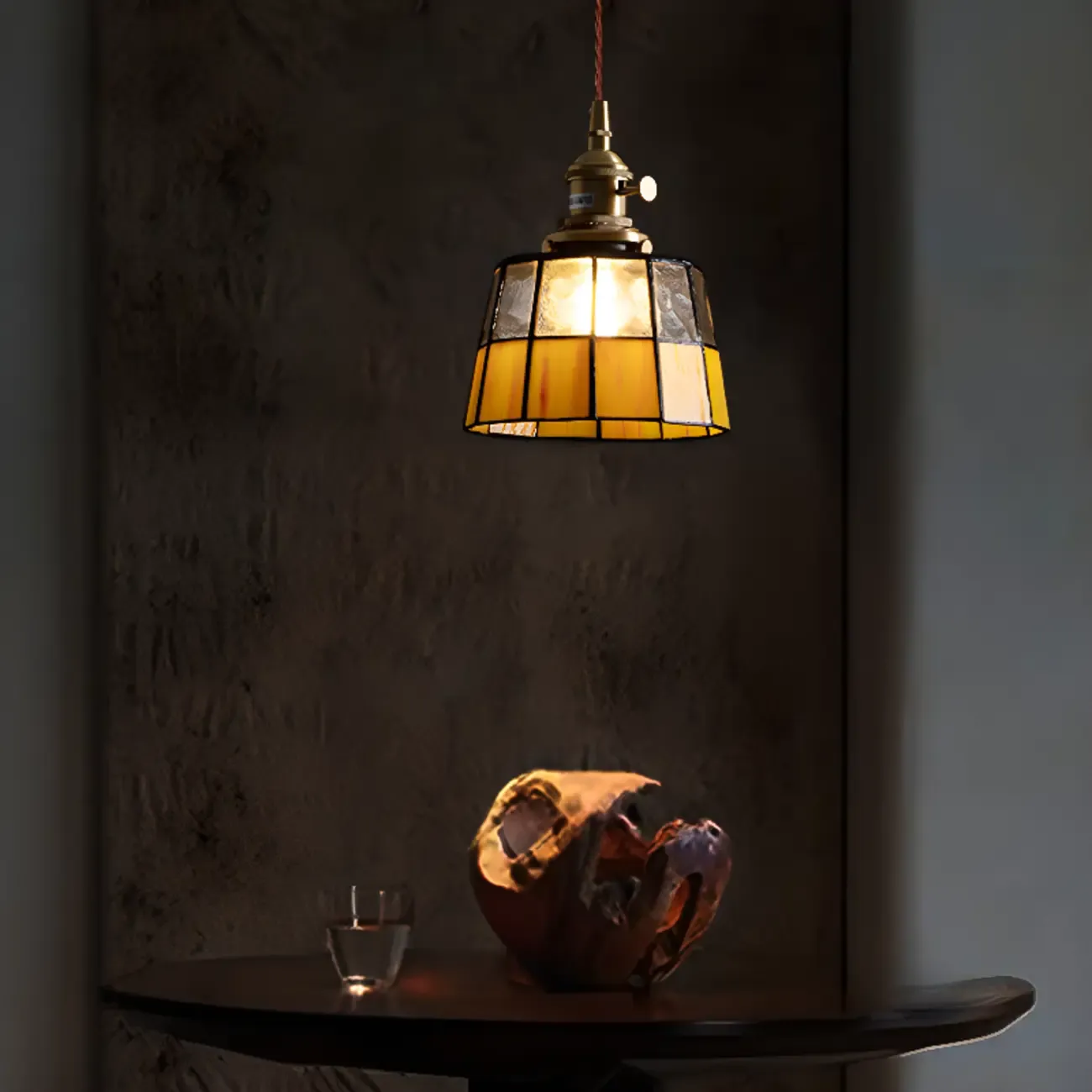 Frosted Yellow Glass Antique Brass Geometric Pendant Light