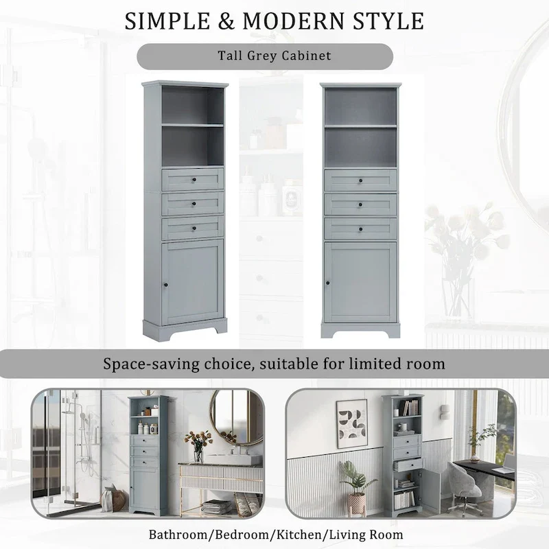 68 Tall Freestanding Bathroom Cabinet with 3 Drawers and Adjustable Shelves