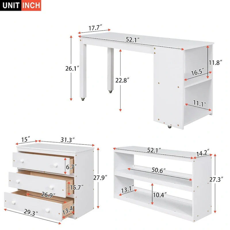 White Pine Wood Multifunctional Loft Bed with Movable Desk, Modular Bookshelf, Chest of Drawers
