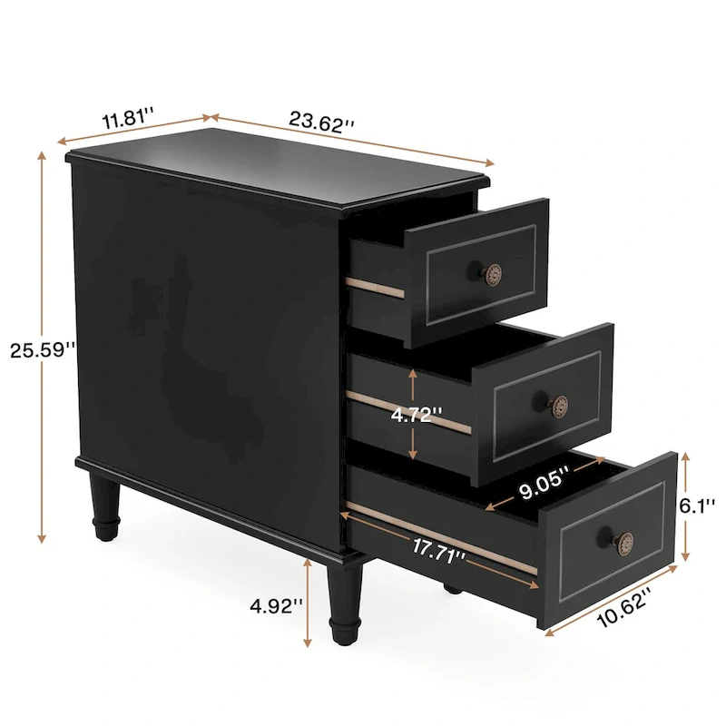 Solid Wood End Table with 3 Drawers, Fully Assembled Narrow Side Table