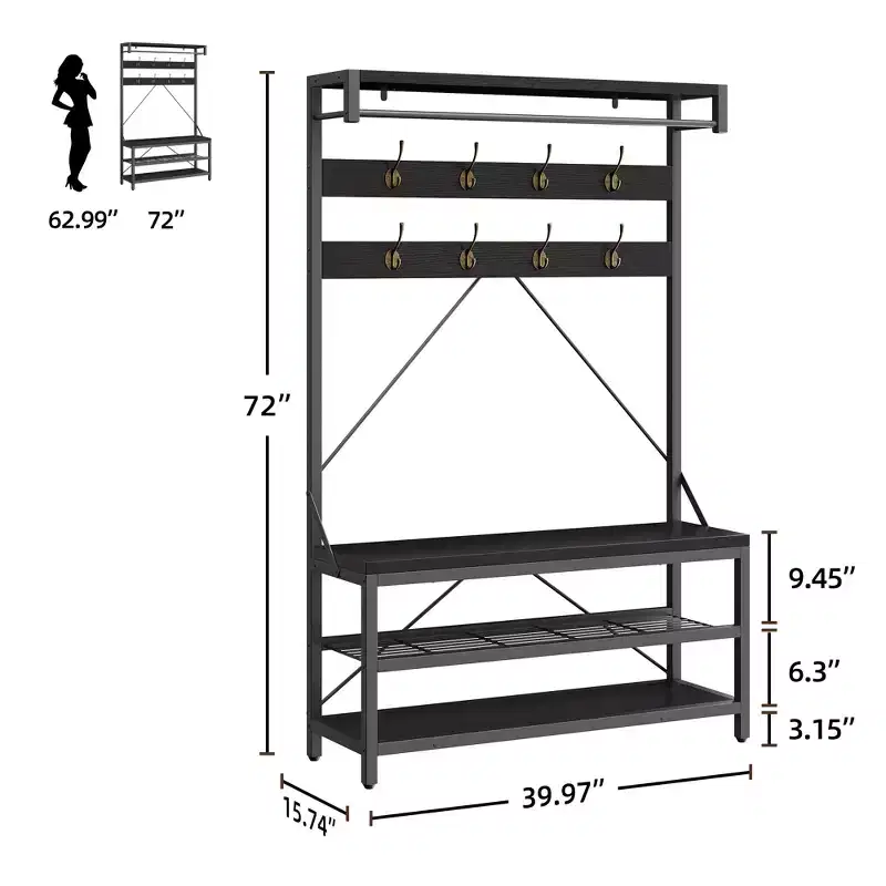 COZONY 72 Coat Rack Shoe Bench, 4-in-1 Entryway Bench with 8 Hooks & 3-Tier Storage Shelf, Freestanding Hall Tree Organizer with Wood Accent