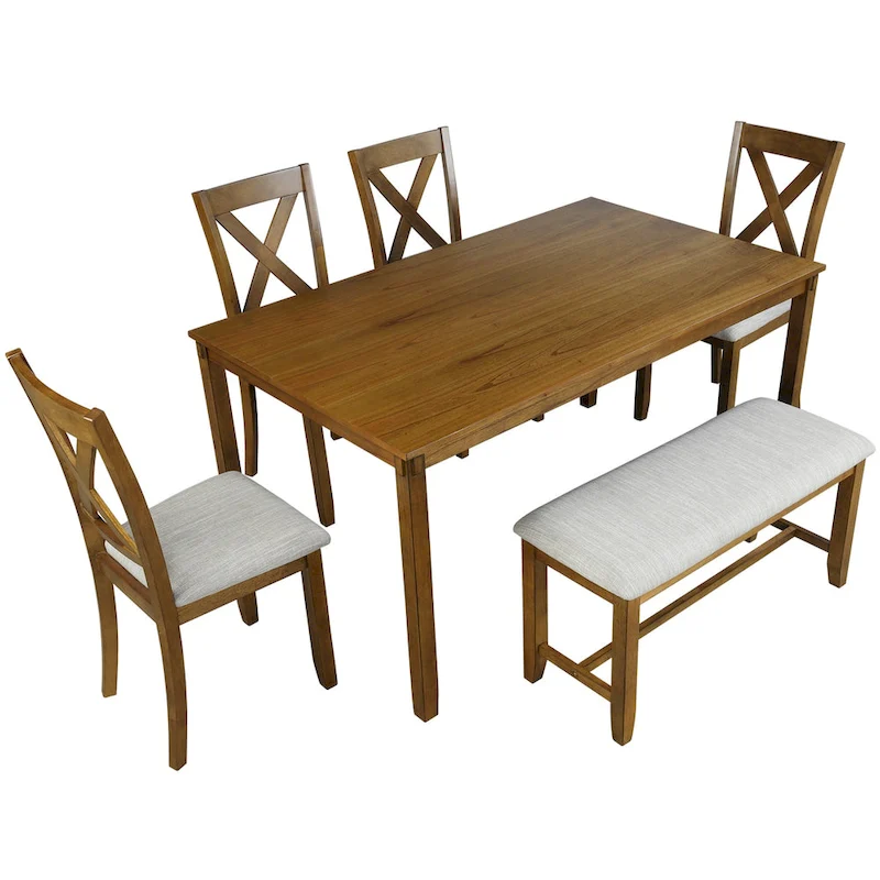6-Piece Wooden Kitchen Dining Table Set with 4 Chairs and Bench