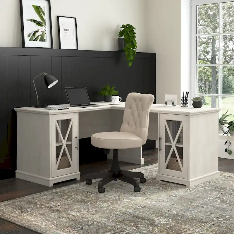 Lennox Farmhouse L Shaped Desk with Storage Cabinets by Bush Furniture